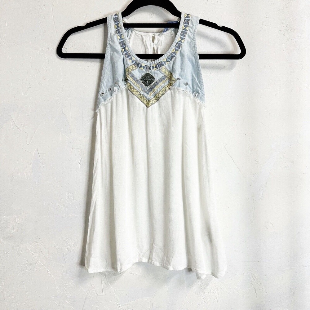 Desigual Tank Top Blouse Womens Medium White Flowy Beaded Art to Wear